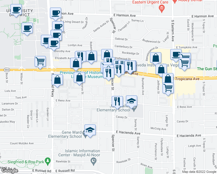 map of restaurants, bars, coffee shops, grocery stores, and more near 5015 Spencer Street in Las Vegas