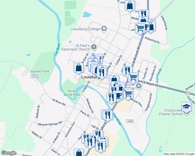 map of restaurants, bars, coffee shops, grocery stores, and more near 208 East Nash Street in Louisburg