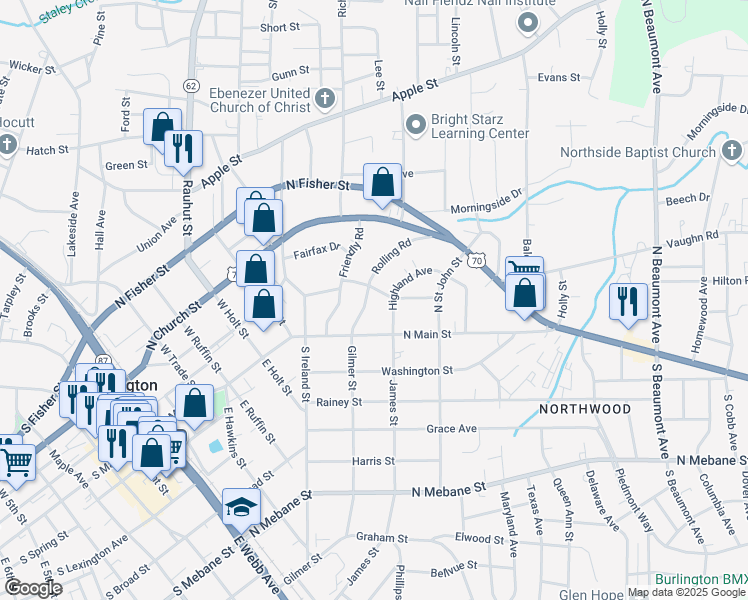 map of restaurants, bars, coffee shops, grocery stores, and more near 119 Rolling Road in Burlington