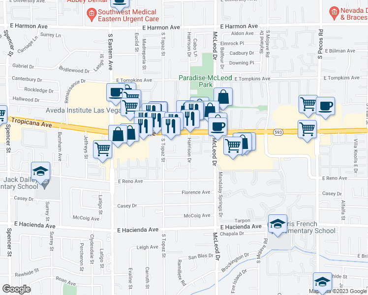 map of restaurants, bars, coffee shops, grocery stores, and more near 4975 Harrison Drive in Las Vegas