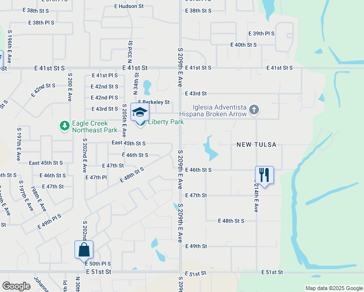 map of restaurants, bars, coffee shops, grocery stores, and more near 20940 East 45th Street South in Broken Arrow
