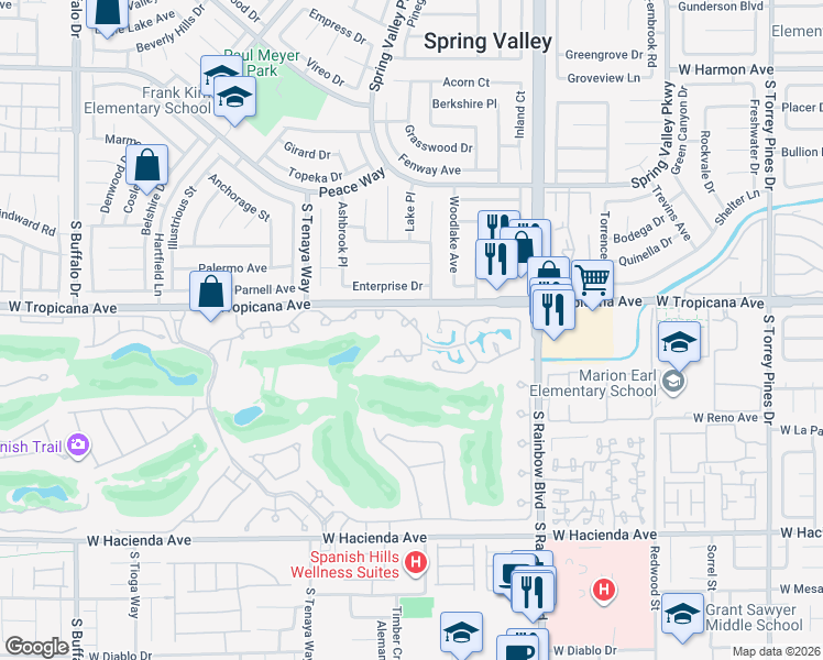 map of restaurants, bars, coffee shops, grocery stores, and more near 7201 Mission Hills Drive in Las Vegas