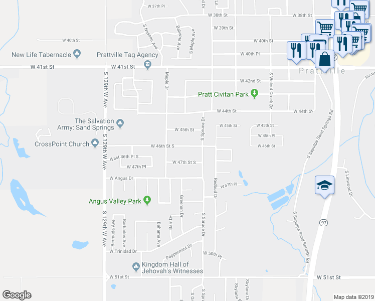 map of restaurants, bars, coffee shops, grocery stores, and more near 408 West 46th Street in Sand Springs