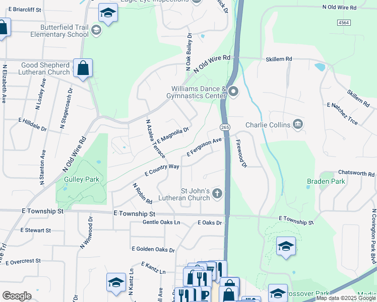 map of restaurants, bars, coffee shops, grocery stores, and more near 2588 East Ferguson Avenue in Fayetteville