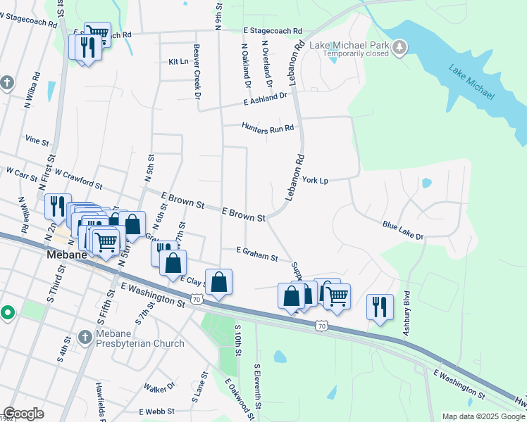 map of restaurants, bars, coffee shops, grocery stores, and more near 703 East Brown Street in Mebane