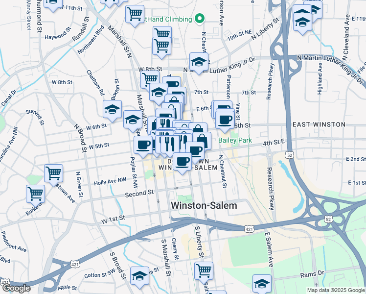 map of restaurants, bars, coffee shops, grocery stores, and more near 100 West 5th Street in Winston-Salem
