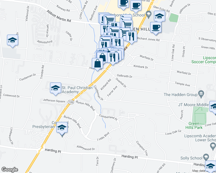 map of restaurants, bars, coffee shops, grocery stores, and more near 4208 Kirtland Road in Nashville
