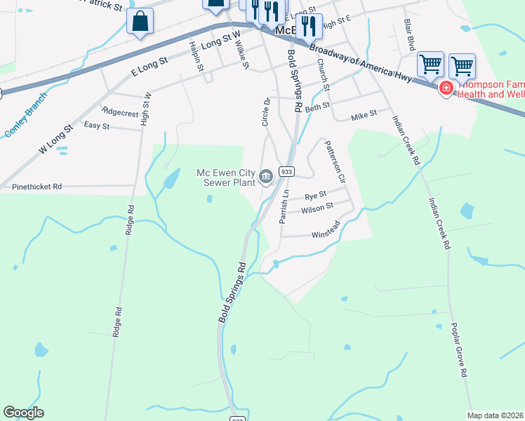 map of restaurants, bars, coffee shops, grocery stores, and more near 613 Hilltop Drive in McEwen