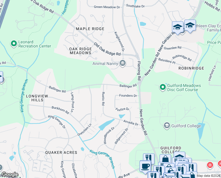 map of restaurants, bars, coffee shops, grocery stores, and more near 5923 Ballinger Road in Greensboro