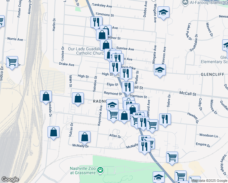 map of restaurants, bars, coffee shops, grocery stores, and more near 209 Raymond Street in Nashville