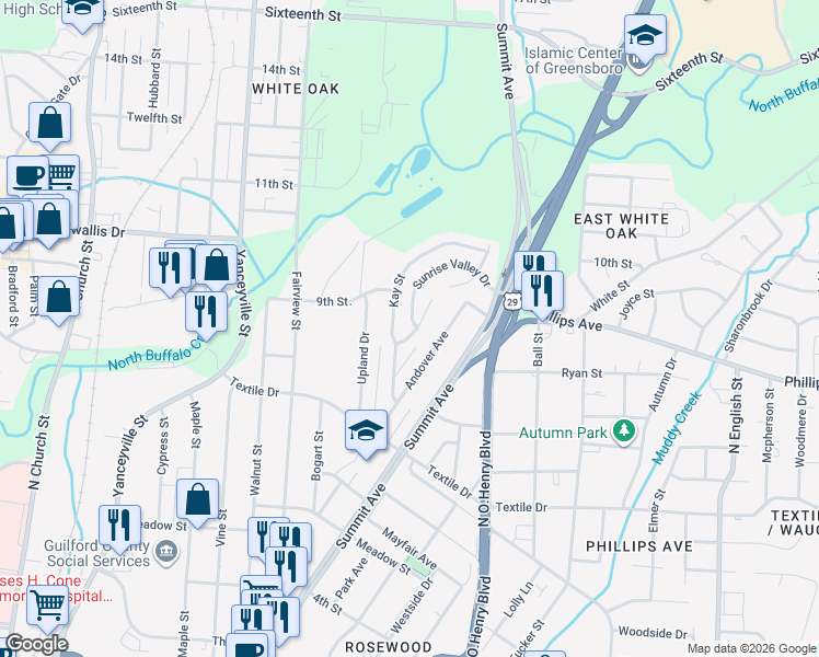 map of restaurants, bars, coffee shops, grocery stores, and more near 1505 Village Crest Drive in Greensboro
