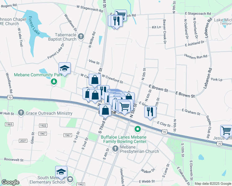 map of restaurants, bars, coffee shops, grocery stores, and more near 114 West Graham Street in Mebane