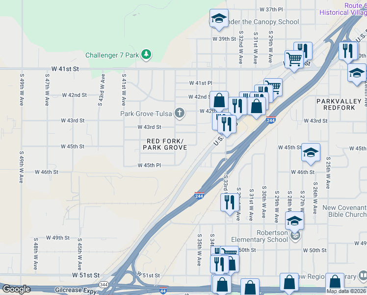 map of restaurants, bars, coffee shops, grocery stores, and more near 4404 South 36th West Avenue in Tulsa