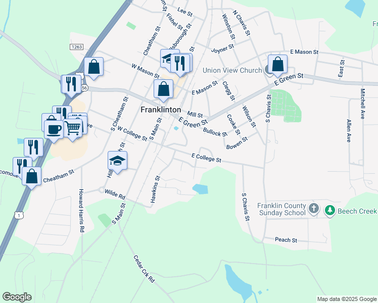 map of restaurants, bars, coffee shops, grocery stores, and more near 127 East College Street in Franklinton