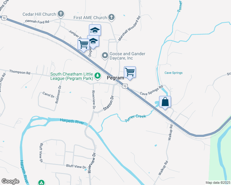 map of restaurants, bars, coffee shops, grocery stores, and more near 5028 Station Drive in Pegram
