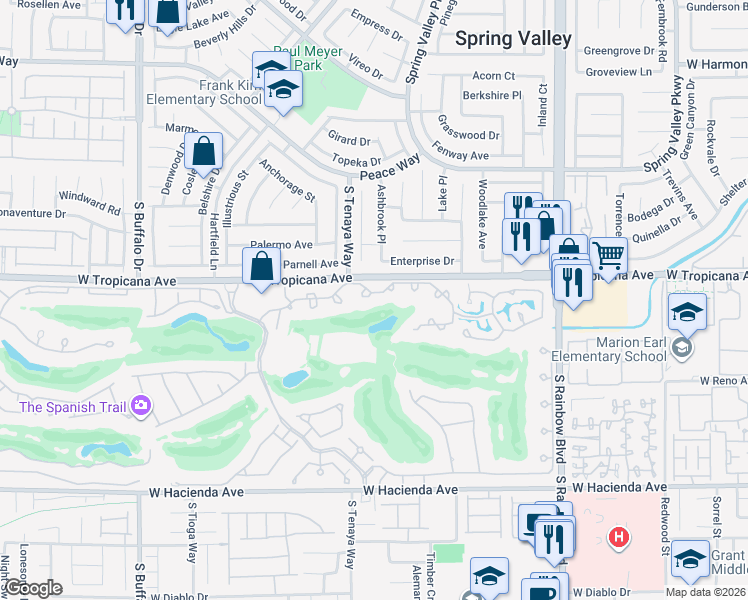 map of restaurants, bars, coffee shops, grocery stores, and more near 7297 Mission Hills Drive in Las Vegas