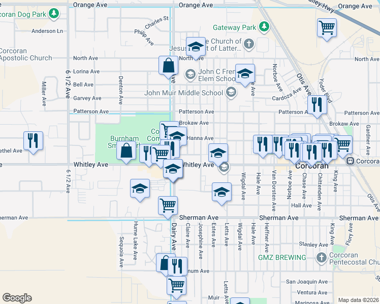 map of restaurants, bars, coffee shops, grocery stores, and more near 1021 Claire Avenue in Corcoran