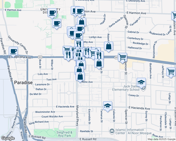 map of restaurants, bars, coffee shops, grocery stores, and more near 5000 South Maryland Parkway in Las Vegas