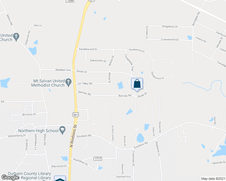 map of restaurants, bars, coffee shops, grocery stores, and more near 205 Barclay Road in Durham