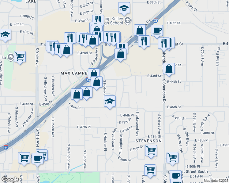 map of restaurants, bars, coffee shops, grocery stores, and more near 44 South Irvington Avenue in Tulsa