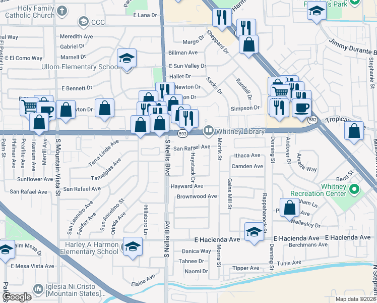 map of restaurants, bars, coffee shops, grocery stores, and more near 5091 San Rafael Avenue in Las Vegas