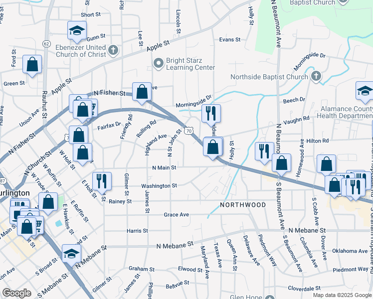 map of restaurants, bars, coffee shops, grocery stores, and more near 320 Highland Avenue in Burlington