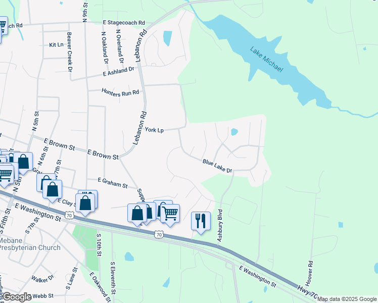 map of restaurants, bars, coffee shops, grocery stores, and more near 301 Grove Hall Lane in Mebane