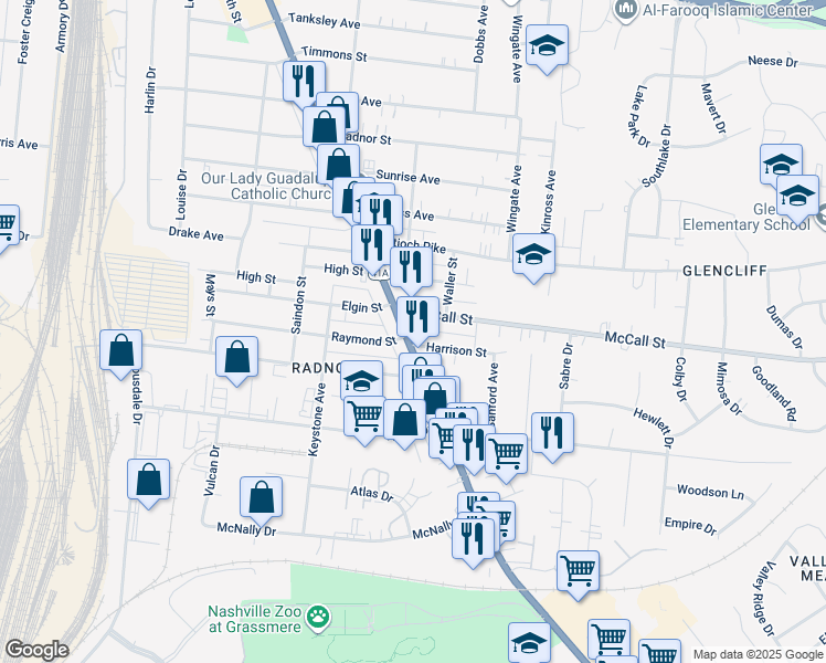 map of restaurants, bars, coffee shops, grocery stores, and more near 3416 Nolensville Pike in Nashville