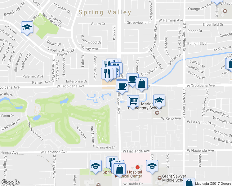 map of restaurants, bars, coffee shops, grocery stores, and more near 6946 Emerald Springs Ln in Las Vegas