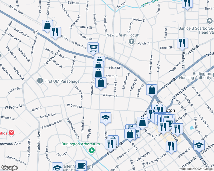 map of restaurants, bars, coffee shops, grocery stores, and more near 718 Askew Street in Burlington