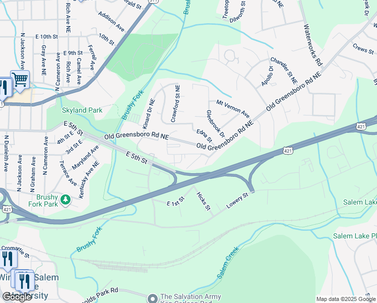 map of restaurants, bars, coffee shops, grocery stores, and more near 2233 Flag Street in Winston-Salem