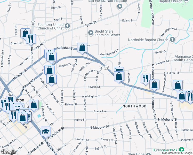 map of restaurants, bars, coffee shops, grocery stores, and more near 1116 Virginia Avenue in Burlington