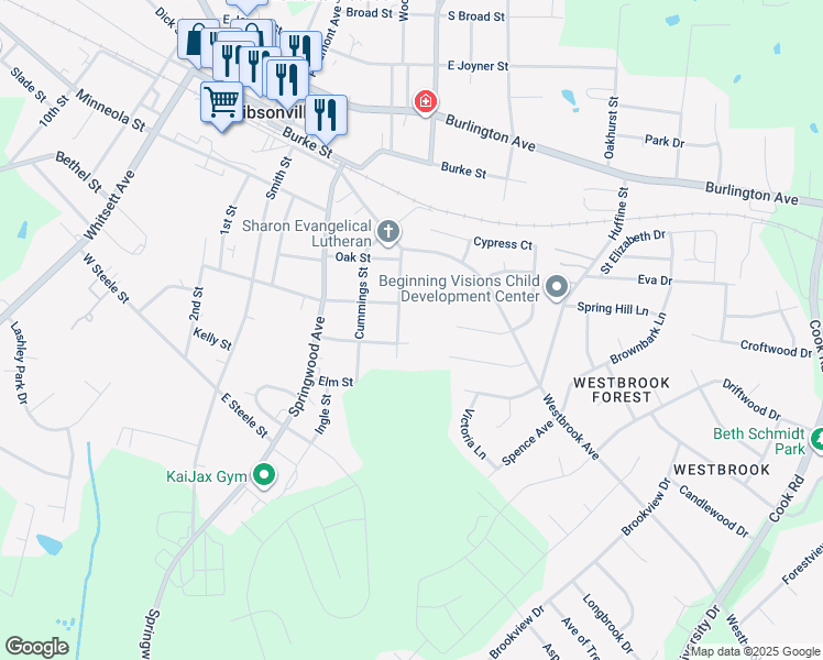 map of restaurants, bars, coffee shops, grocery stores, and more near 609 Meadow Street in Gibsonville