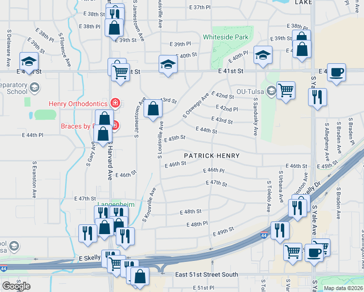 map of restaurants, bars, coffee shops, grocery stores, and more near 3747 East 45th Place in Tulsa