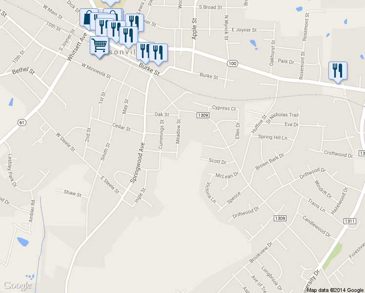 map of restaurants, bars, coffee shops, grocery stores, and more near 609 Meadow Street in Gibsonville