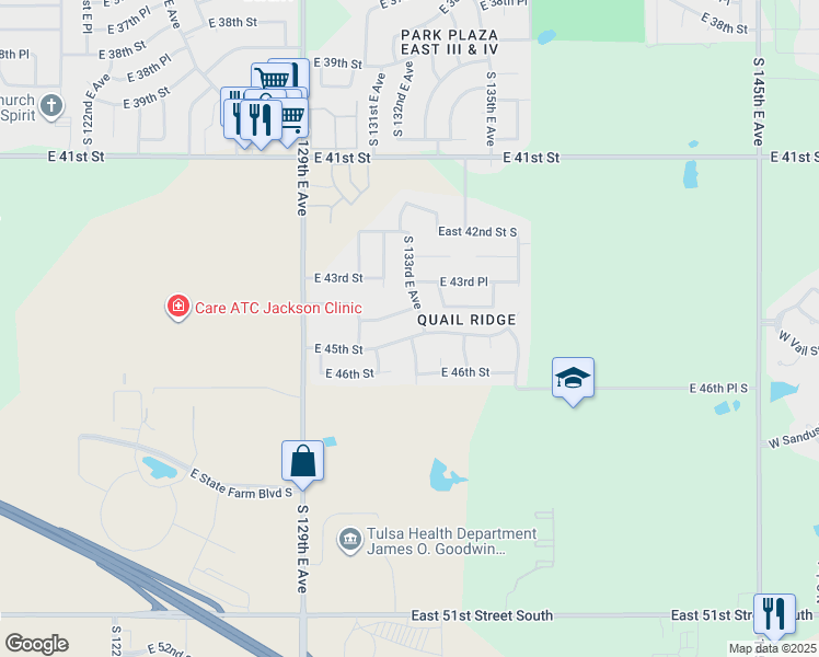 map of restaurants, bars, coffee shops, grocery stores, and more near 13233 East 45th Street in Tulsa