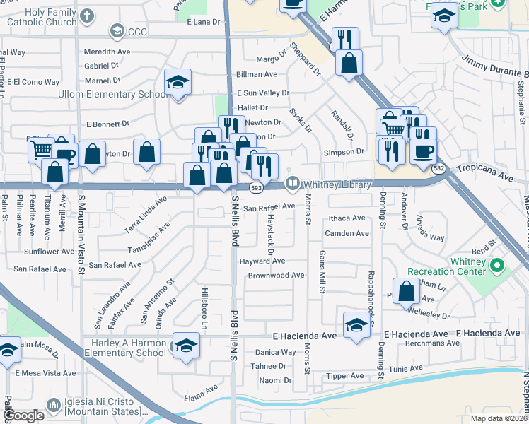 map of restaurants, bars, coffee shops, grocery stores, and more near 5091 San Rafael Avenue in Las Vegas