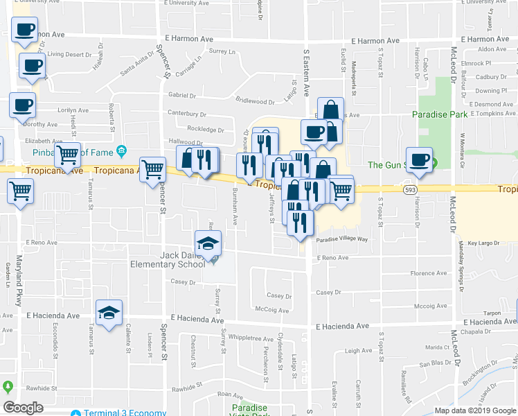 map of restaurants, bars, coffee shops, grocery stores, and more near 4955 Jeffreys Street in Las Vegas