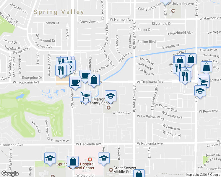 map of restaurants, bars, coffee shops, grocery stores, and more near 6647 West Tropicana Avenue in Las Vegas