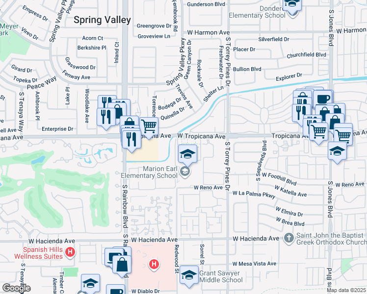 map of restaurants, bars, coffee shops, grocery stores, and more near 6647 West Tropicana Avenue in Las Vegas