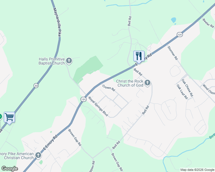 map of restaurants, bars, coffee shops, grocery stores, and more near 7440 Crown Road in Knoxville