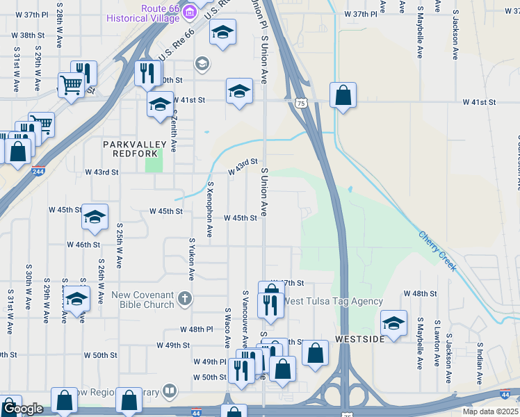 map of restaurants, bars, coffee shops, grocery stores, and more near 4428 South Union Avenue in Tulsa