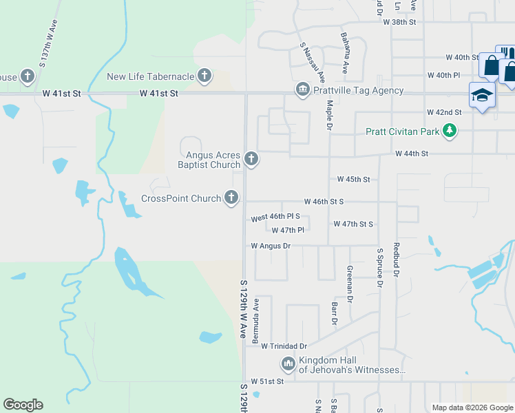 map of restaurants, bars, coffee shops, grocery stores, and more near 4601 South 129th West Avenue in Sand Springs