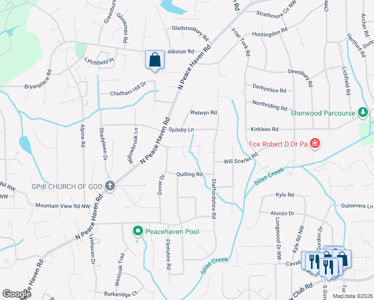 map of restaurants, bars, coffee shops, grocery stores, and more near 4820 Winchelsea Road in Winston-Salem