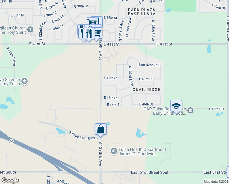 map of restaurants, bars, coffee shops, grocery stores, and more near 4412 South 131st East Avenue in Tulsa
