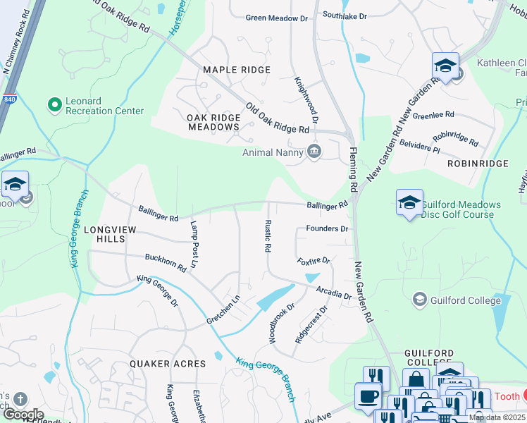 map of restaurants, bars, coffee shops, grocery stores, and more near 6001 Ballinger Road in Greensboro