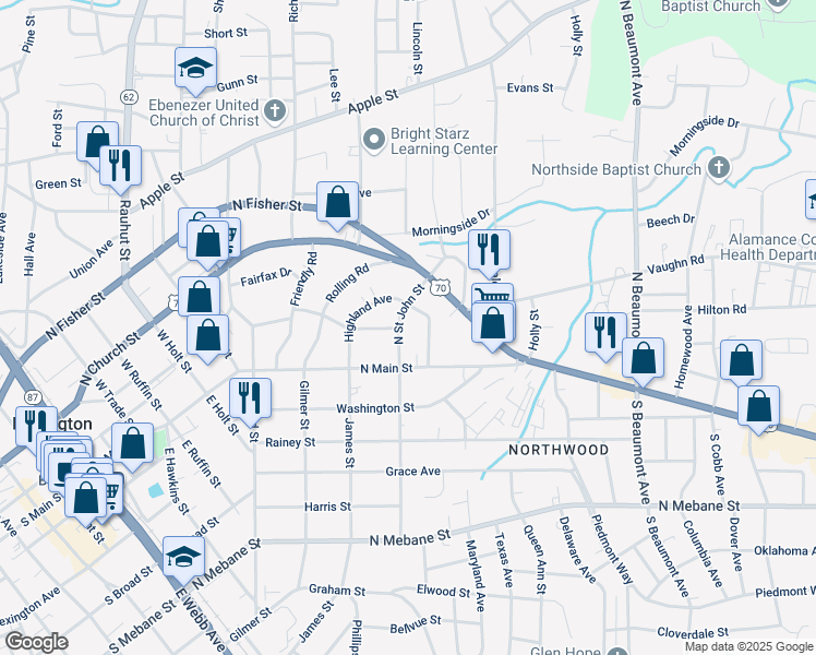 map of restaurants, bars, coffee shops, grocery stores, and more near 121 North Saint John Street in Burlington