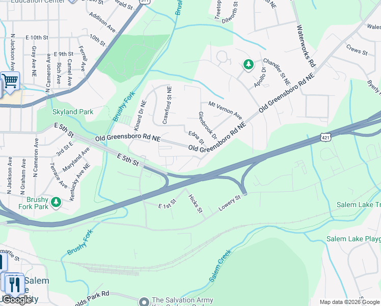 map of restaurants, bars, coffee shops, grocery stores, and more near 2239 Flag Street in Winston-Salem