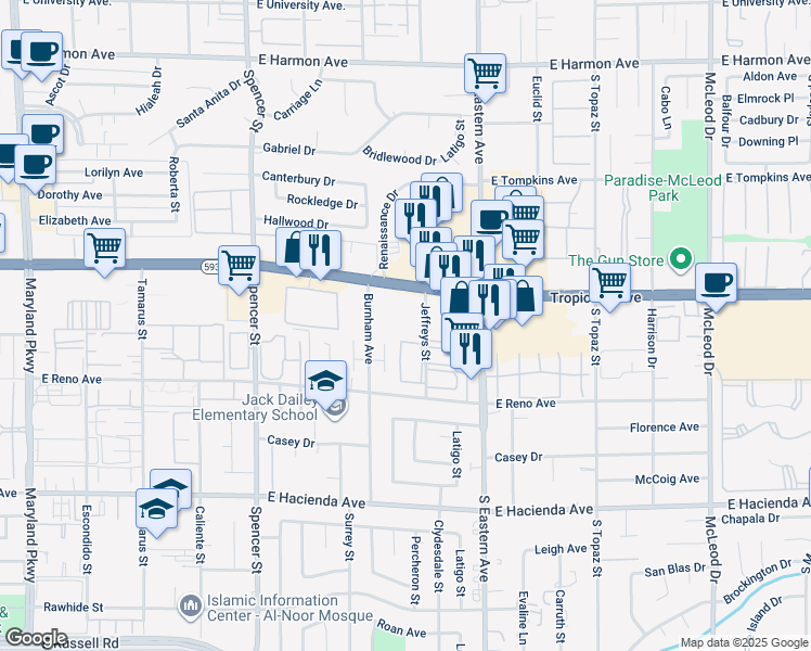map of restaurants, bars, coffee shops, grocery stores, and more near 4955 Jeffreys Street in Las Vegas