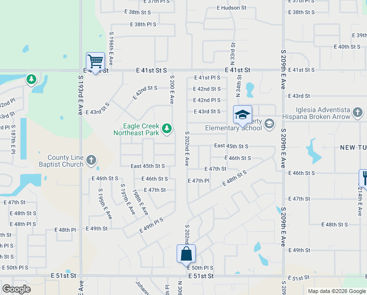 map of restaurants, bars, coffee shops, grocery stores, and more near 4524 South 202nd East Avenue in Broken Arrow